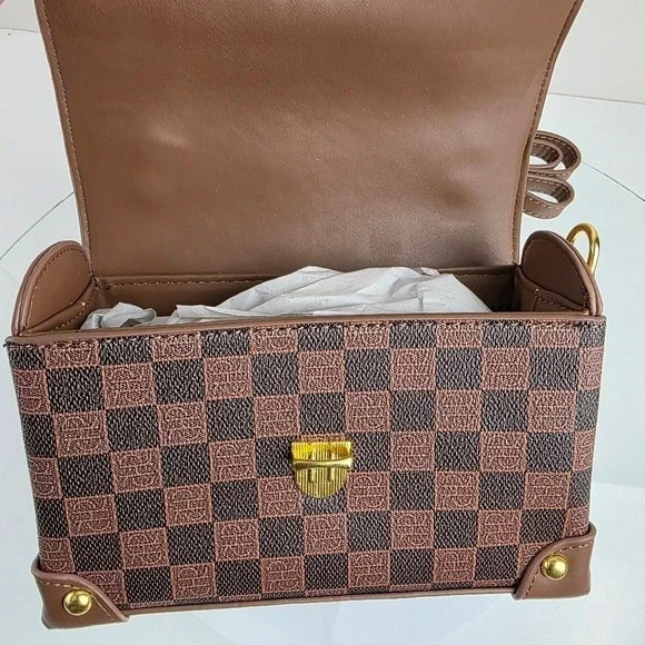 Checkered Top Handle Satchel Handbag Small Crossbody Brown Tan Vegan Leather Pur - Picture 9 of 11